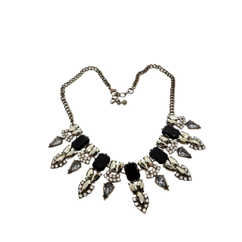 Rhinestone Bib Statement Necklace Black and Silver w/ White Rhinestones 18"-20"